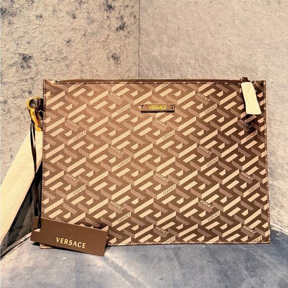 Versace La Greca monogramLeather Clutch Bag Black and Gray - Picture 1 of 6